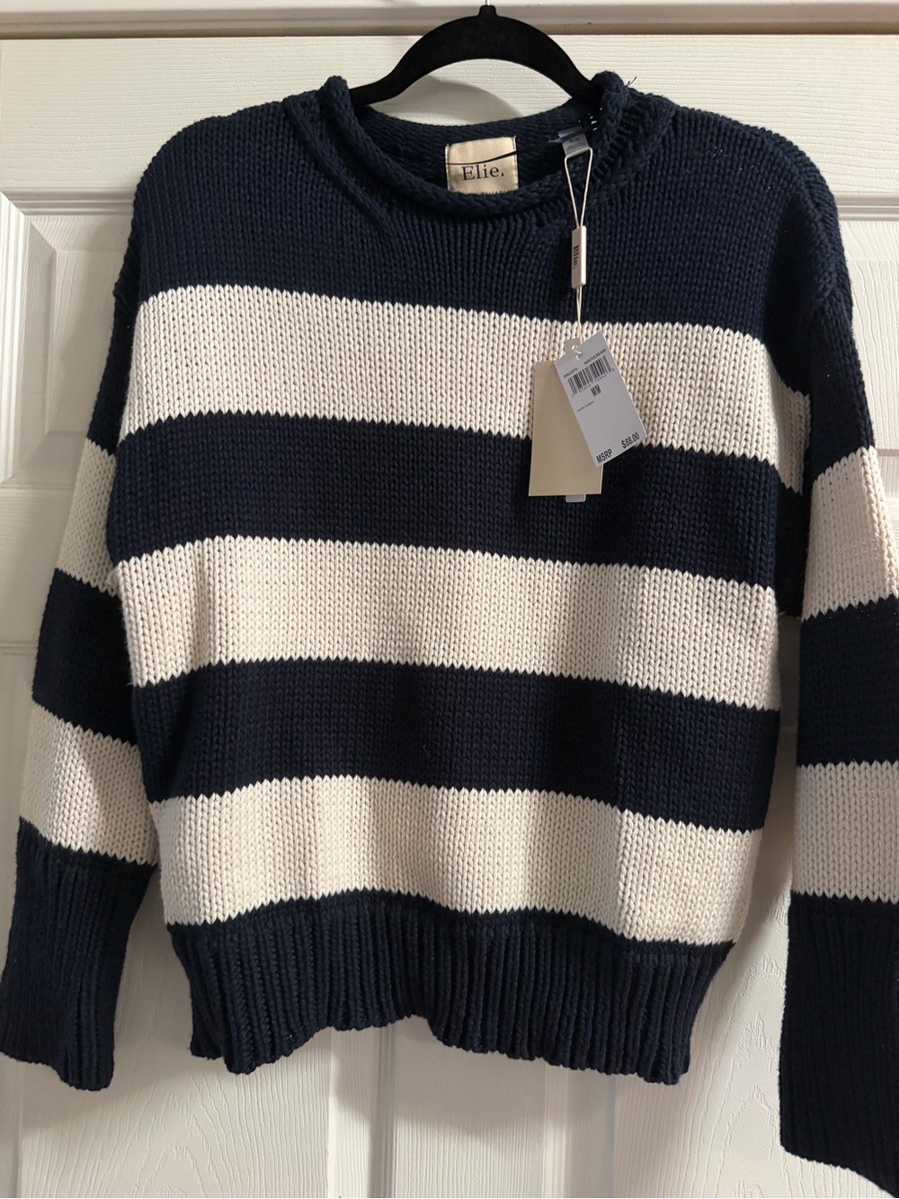 Elie Tahari Navy and White Wide-Stripe Crewneck Sweater